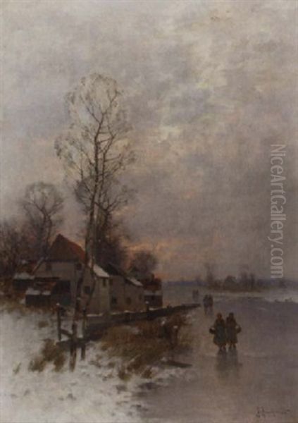 Walking Home On A Winter's Day At Dusk Oil Painting by Johann II Jungblut