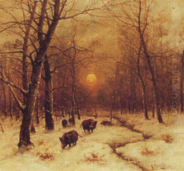 Wildschweinrotte In Verschneiten Laubwald Oil Painting by Johann II Jungblut