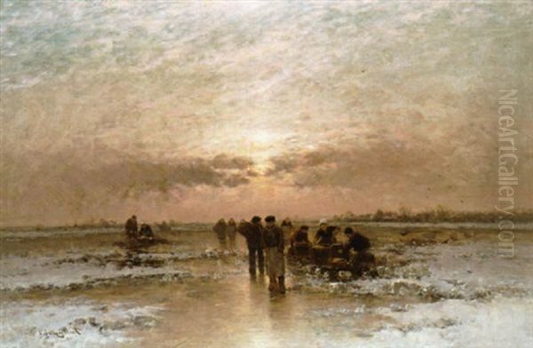 Winterlandschap Met Figuren Op Een Bevroren Rivier Oil Painting by Johann II Jungblut