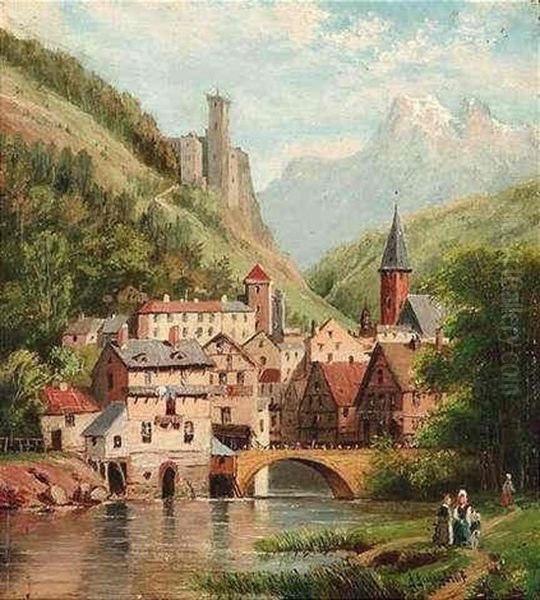 Blick Auf Ein Kleines Stadtchen An Einem Gebirgsflus Oil Painting by Johann II Jungblut