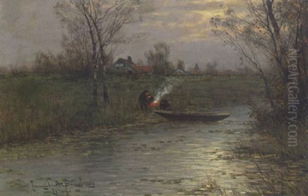 Fischer Mit Einem Nachen Am Flussufer Oil Painting by Johann II Jungblut