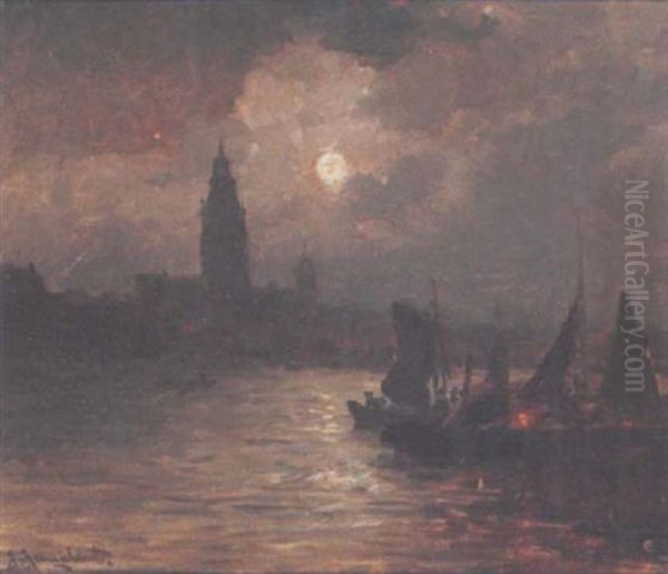 A Moonlit Harbour Oil Painting by Johann II Jungblut
