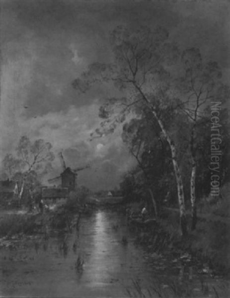 Niederrheinlandschaft Mit Einer Windmuhle Oil Painting by Johann II Jungblut