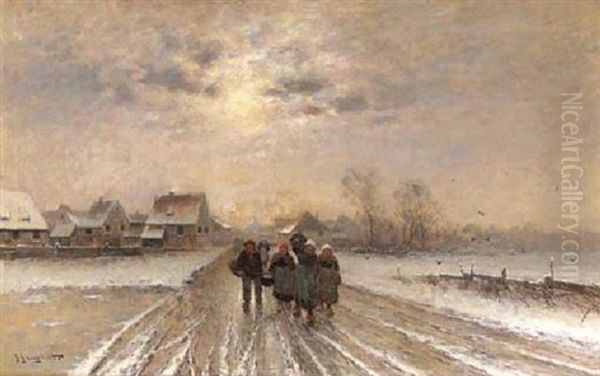Peasants Leaving A Village In Winter Oil Painting by Johann II Jungblut
