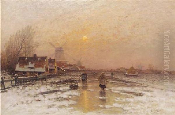 Ice Fishers By A Village At Dusk Oil Painting by Johann II Jungblut