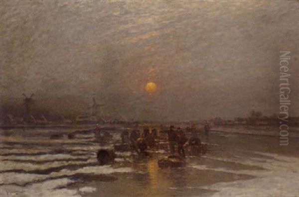 Ice Fishing At Dusk Oil Painting by Johann II Jungblut