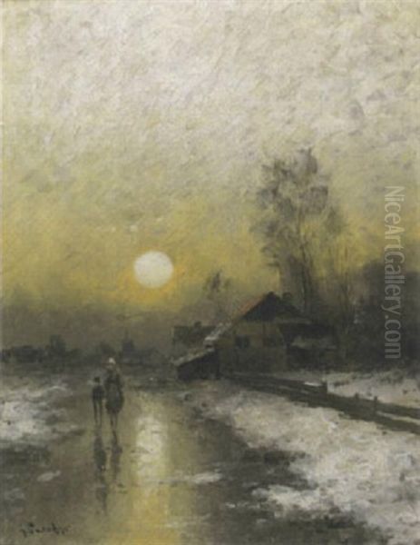 Winterliche Fluslandschaft Bei Untergang Der Sonne Oil Painting by Johann II Jungblut