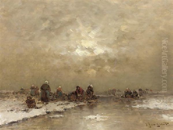 Fishermen At Work In A Frozen Winter Landscape Oil Painting by Johann II Jungblut
