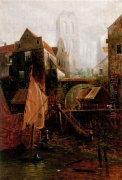 Unsikt Over Gamla Danzig - Stadsmotiv Vid Flod Oil Painting by Johann II Jungblut