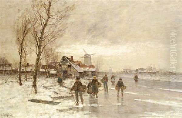 A Winter Landscape With Figures On A Frozen Waterway Oil Painting by Johann II Jungblut
