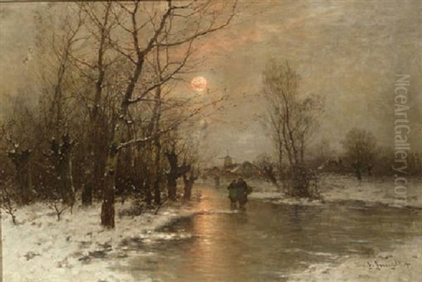 Peasants On A Frozen Waterway At Dusk Oil Painting by Johann II Jungblut