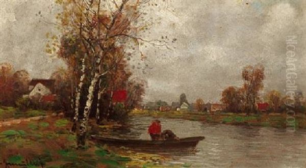 Ruderer Am Herbstlichen Kanal Oil Painting by Johann II Jungblut