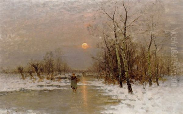 Gaende Pa En Tilfrossen Flod Oil Painting by Johann II Jungblut