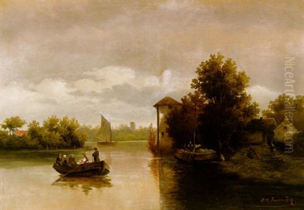 Fluslandschaft Mit Ruderbooten Und Gehoften Oil Painting by Johann II Jungblut