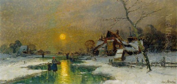 Winterabend In Holland Oil Painting by Johann II Jungblut