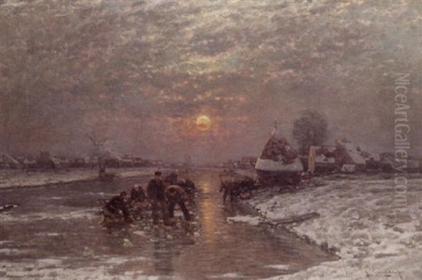 A Winter Landscape At Dusk Wiht Figures Fishing On The Ice Oil Painting by Johann II Jungblut