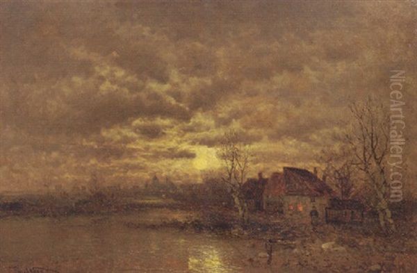 A River Landscape At Dusk Oil Painting by Johann II Jungblut