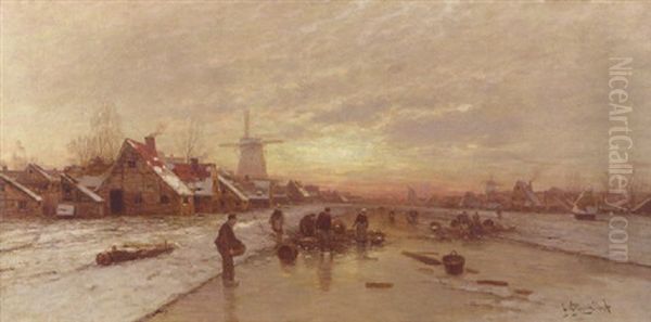Peasants Catching Fish From A Blow-hole In The Ice Oil Painting by Johann II Jungblut
