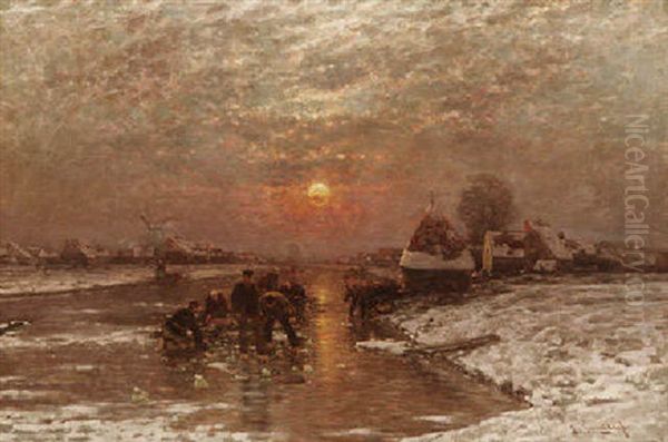 Eisfischer An Einem Hollandischen Kanal Oil Painting by Johann II Jungblut