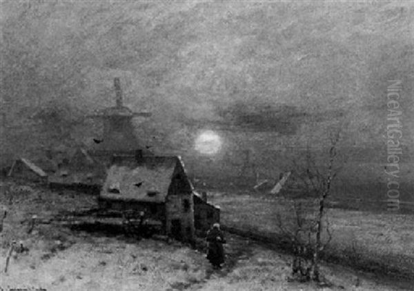 Winterlicher Sonnenuntergang In Einem Hollandischen Dorf Oil Painting by Johann II Jungblut