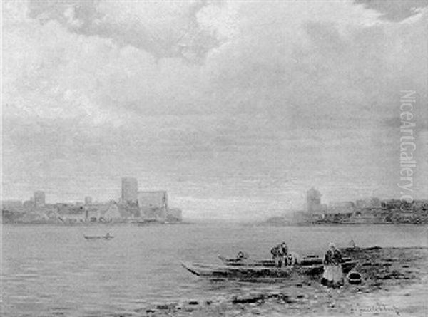 Fischer Am Strande Einer Hollandischen Hafenstadt. Abendstimmung Oil Painting by Johann II Jungblut