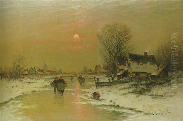A Moonlit River Landscape In Winter Oil Painting by Johann II Jungblut