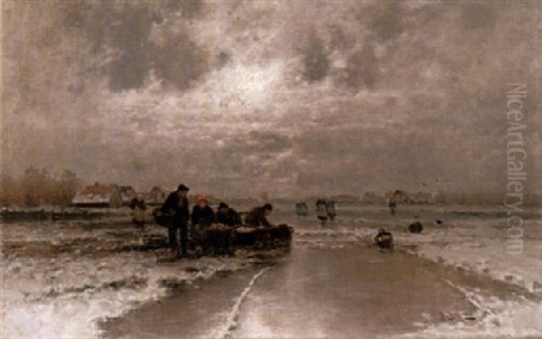 Eisfischer Mit Ihren Frauen In Weiter Hollandischer Fluslandschaft Oil Painting by Johann II Jungblut