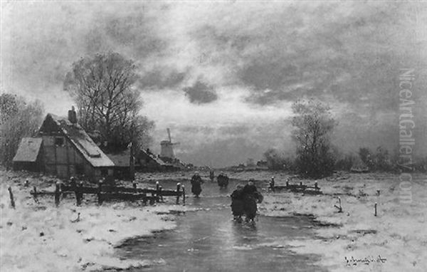 Winterliche Abenstimmung An Einem Kanal Mit Staffagen Oil Painting by Johann II Jungblut
