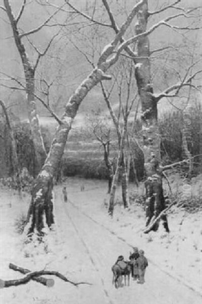 Holzsammler In Winterwald Oil Painting by Johann II Jungblut