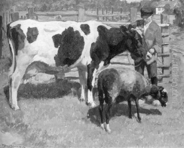 Hirtenjunge Mit Schaf Und Kuh Vor Einem Gatter Oil Painting by Johann II Jungblut