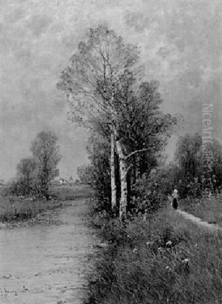 Birken Am Bach Oil Painting by Johann II Jungblut