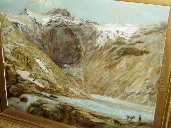 Goats In A Mountainous Lake Landscape Oil Painting by Walter D. Batley