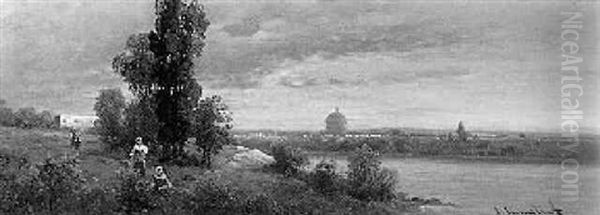 Italienische Fluslandschaft, Im Hintergrund Stadtansicht Oil Painting by Johann II Jungblut