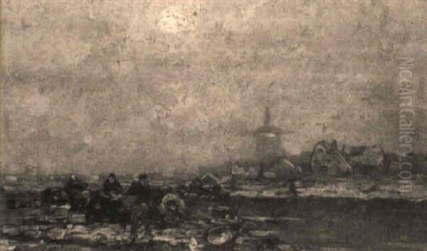 Winter Landscape With Figures Near A Town Oil Painting by Johann II Jungblut