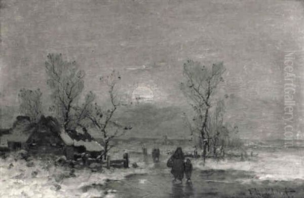 A Winter Landscape With A Peasantwoman And Child On A Frozen Ditch Oil Painting by Johann II Jungblut