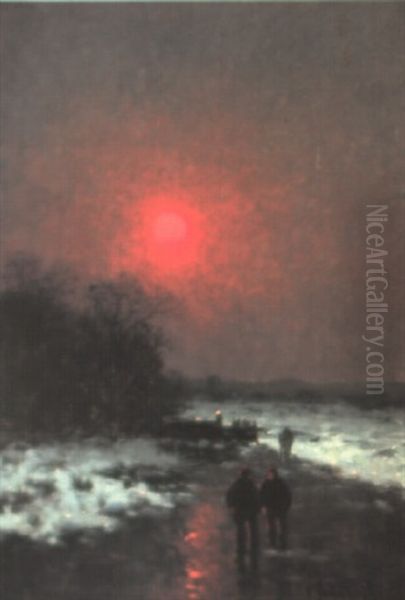 Spaziergang Im Schnee Bei Sonnenuntergang Oil Painting by Johann II Jungblut