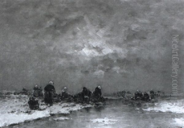 Fischerfrauen Auf Zugefrorenem Gew,sser, Winterabend Oil Painting by Johann II Jungblut