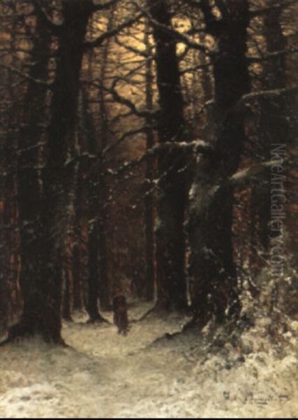 Einsame Frau Im Verschneiten Winterwald. Abendstimmung Oil Painting by Johann II Jungblut