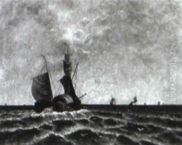 Marine Mit Zweimastschoner, Segelschiffen Und Dampf Oil Painting by Johann II Jungblut