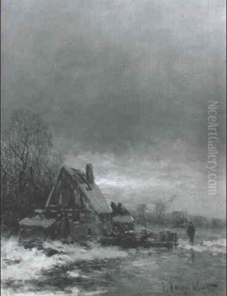 Winterlicher Sonnenuntergang Uber Gefrorenem Gewasser Oil Painting by Johann II Jungblut
