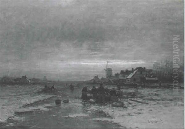 Winterabend In Einem Hollandischen Dorf An Zugefrorenem     Kanal Oil Painting by Johann II Jungblut