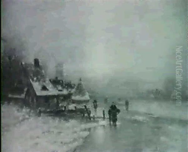 Dutch Village In Winter Oil Painting by Johann II Jungblut