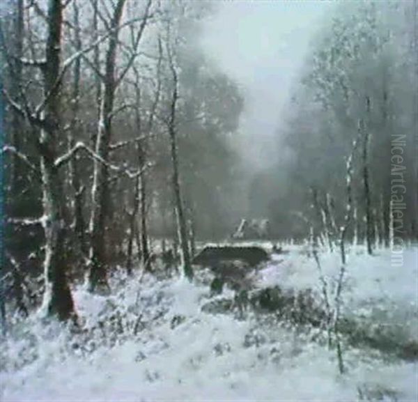 Wintertag.auf Einer Verschneiten Waldlichtung Zwei          Waldarbeiter Oil Painting by Johann II Jungblut
