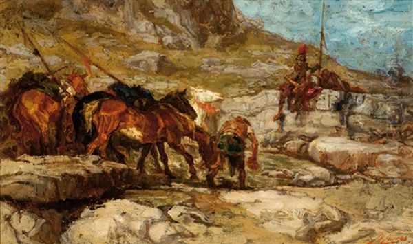 Soldiers By A Mountain Stream Oil Painting by Johannes Hendricus Jurres