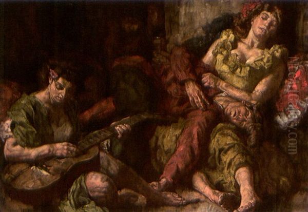 Ein Sinnesrausch Mit Einem Trunkenen Jungling Und Zwei Jungen Madchen, Das Eine Gitarre Spielend Oil Painting by Johannes Hendricus Jurres