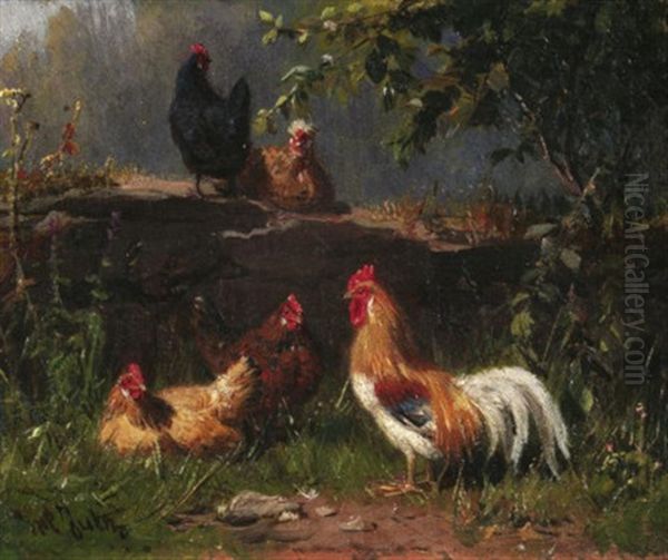 Hahn Und Hennen Bei Einer Natursteinmauer Oil Painting by Carl Jutz the Elder