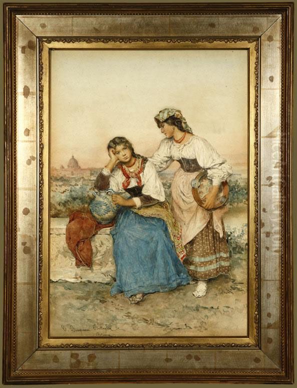 Two Roman Women Sitting On A Wall Oil Painting by Clelia Bompiani Battaglia