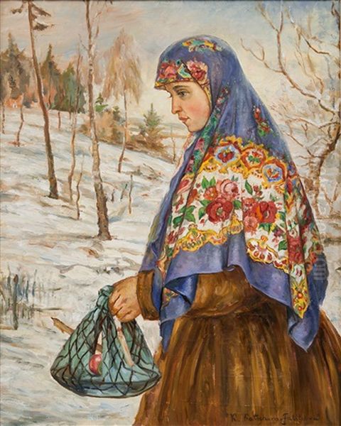 Girl With A Colourful Scarf Oil Painting by Ekaterina Kachura-Falileeva