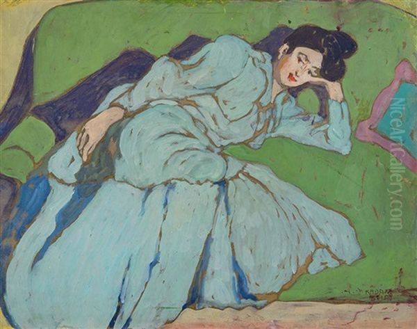 Young Lady On A Sofa Oil Painting by Bela Kadar
