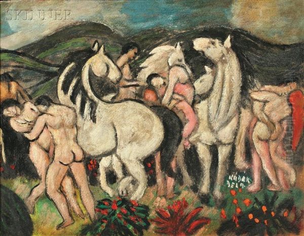 Nudes And Horses In A Landscape Oil Painting by Bela Kadar